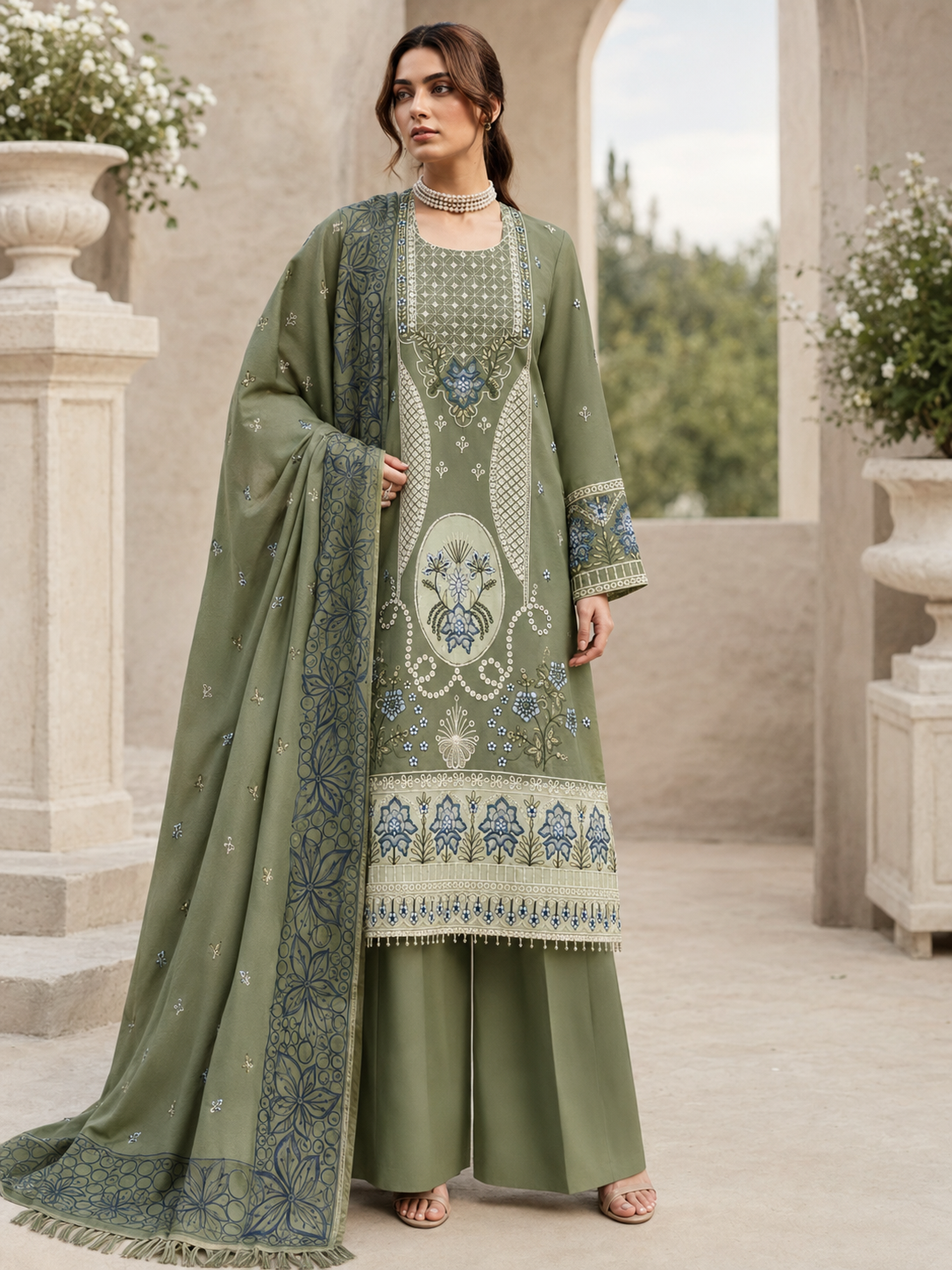 Qalamkar Dhanak Embroidered 3 Piece | QR901