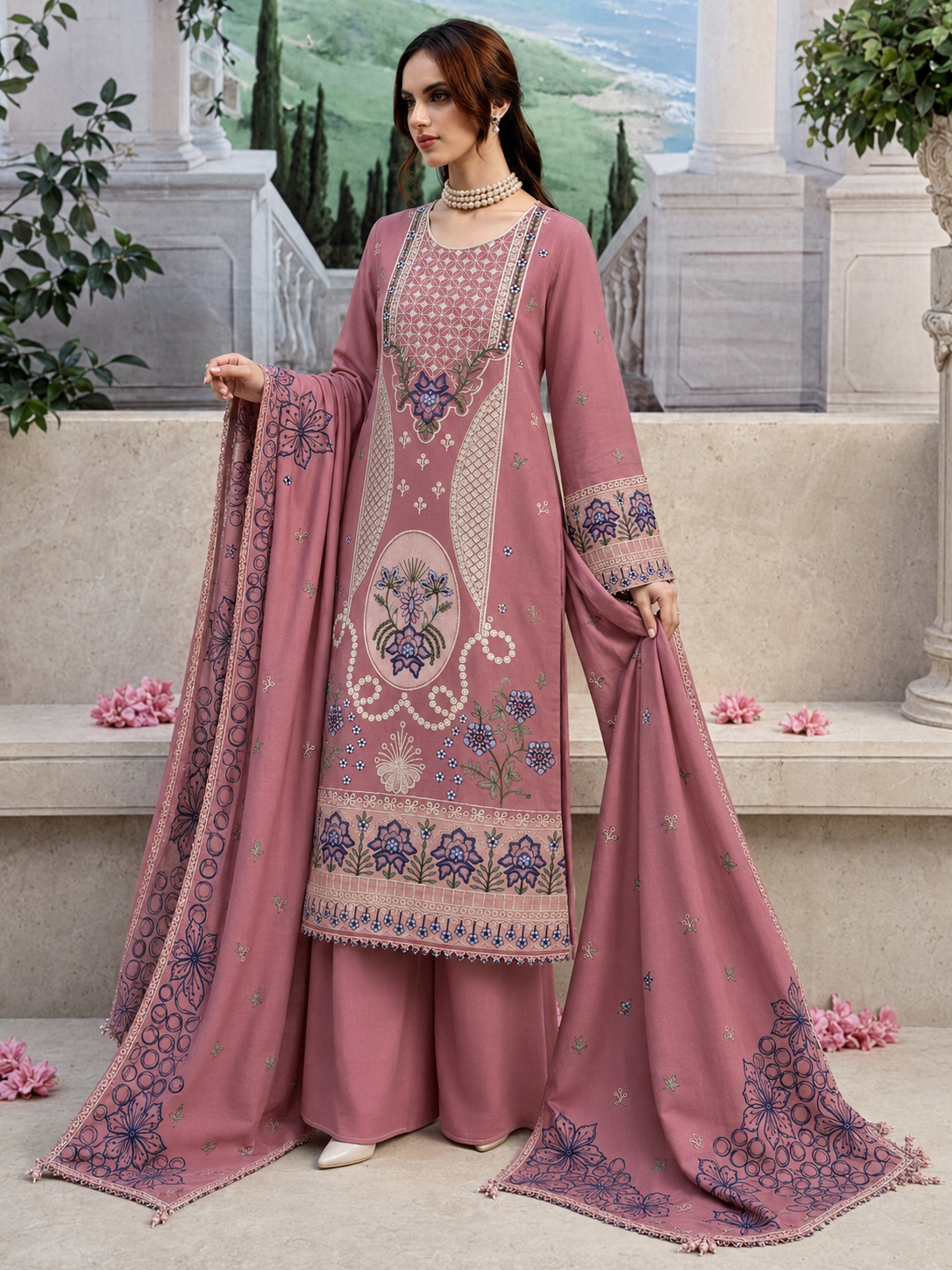 Qalamkar Dhanak Embroidered 3 Piece | QR902