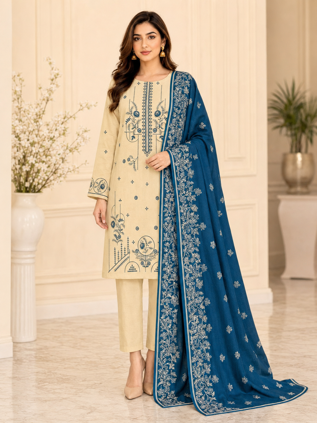 Maria B Dhanak Embroidered 3 Piece | BM304