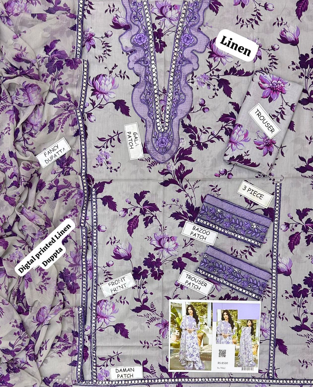 Aneela Linen Embroidered 3 Piece | AN104