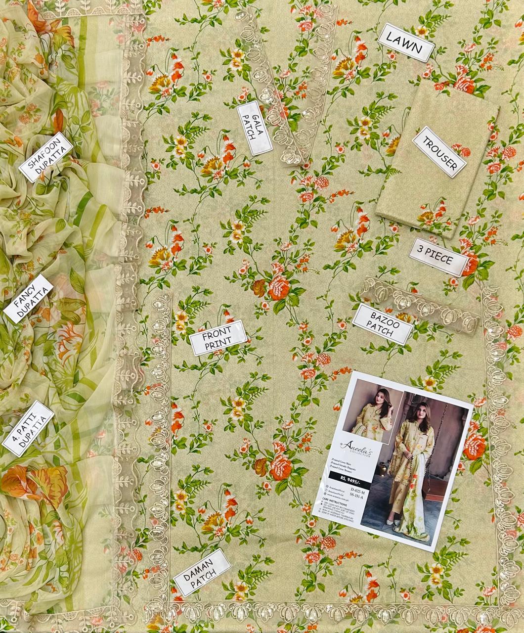 Aneela Lawn Embroidered 3 Piece | AN122