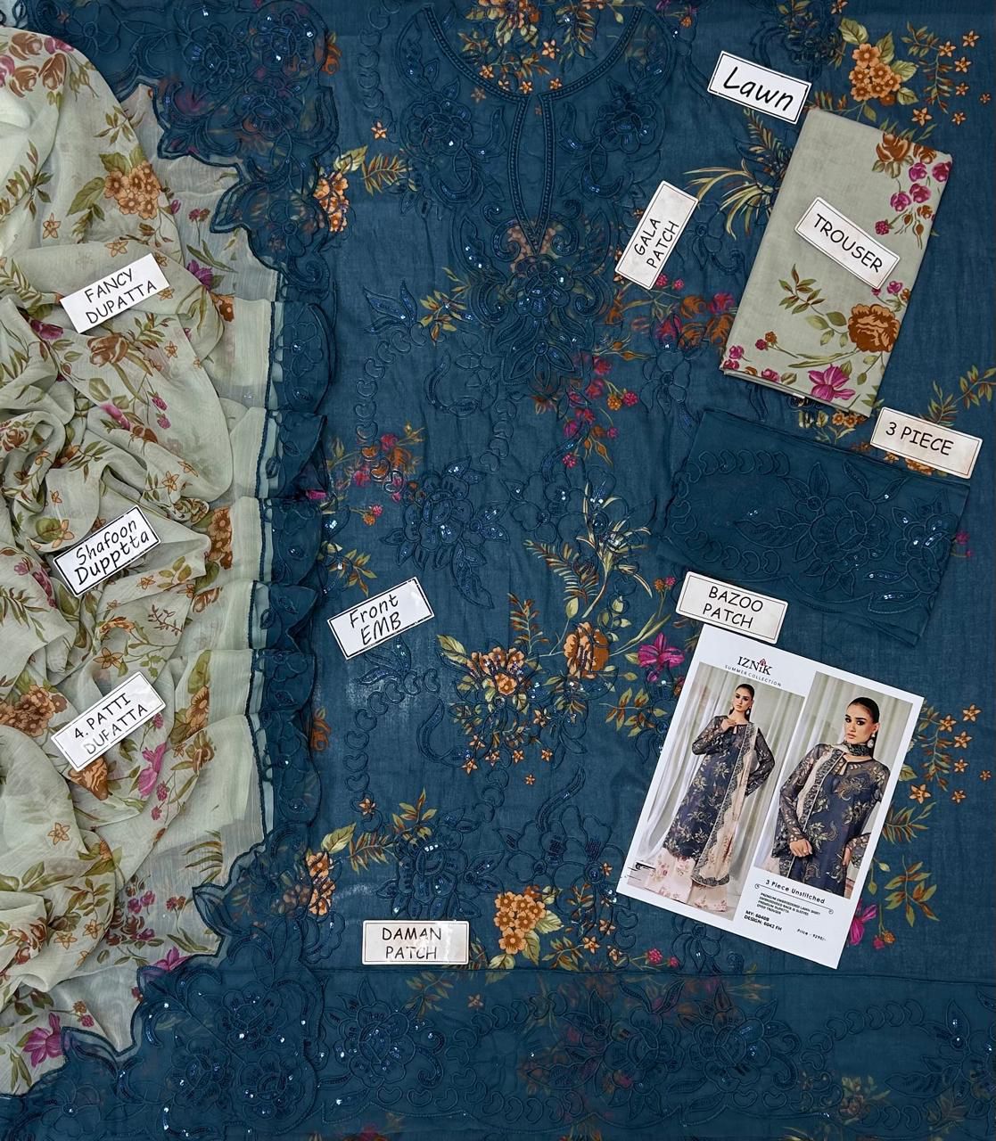 Iznik Lawn Embroidered 3 Piece | IZ119