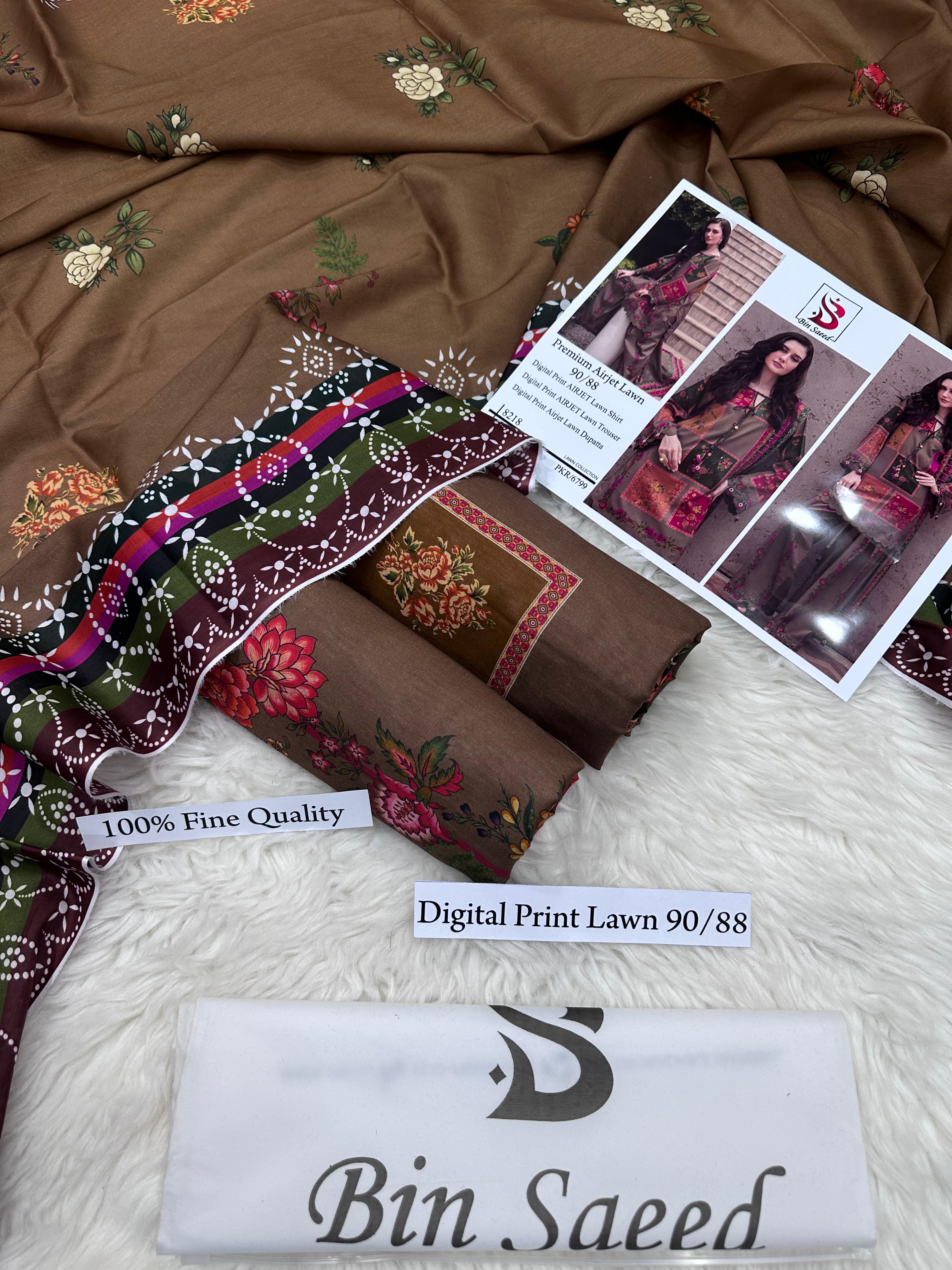 Bin Saeed Lawn Digital Printed 3 Piece| Lawn Dupatta | BS801