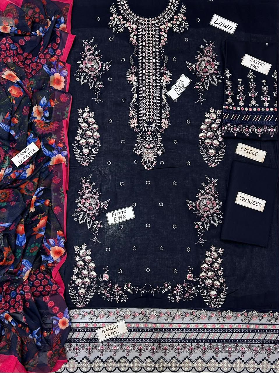 Hussain Rehar Lawn Embroidered 3 Piece | HR104