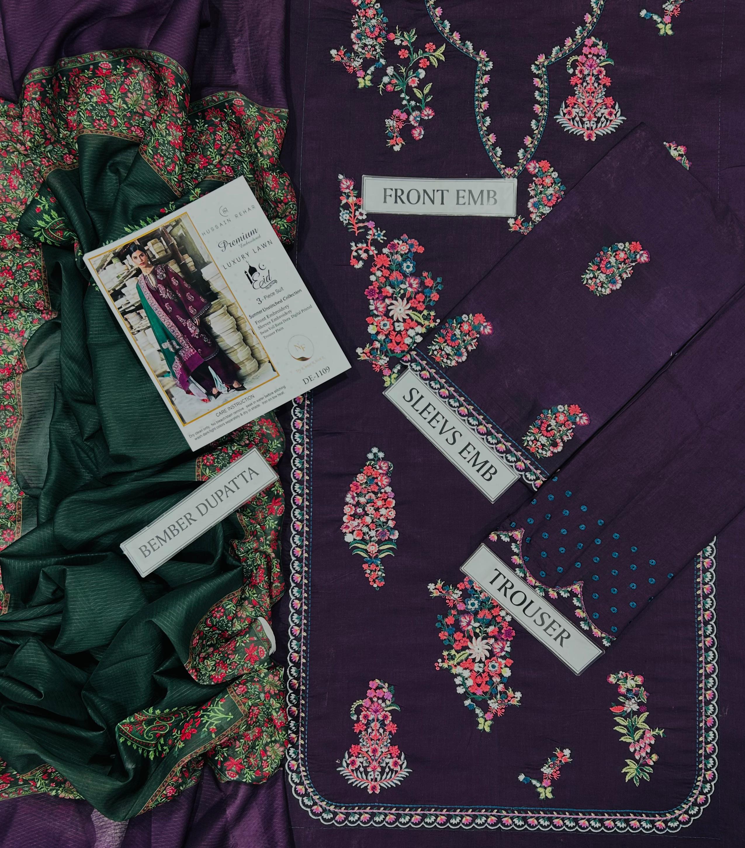 Hussain Rehar Lawn Embroidered 3 Piece | HR107