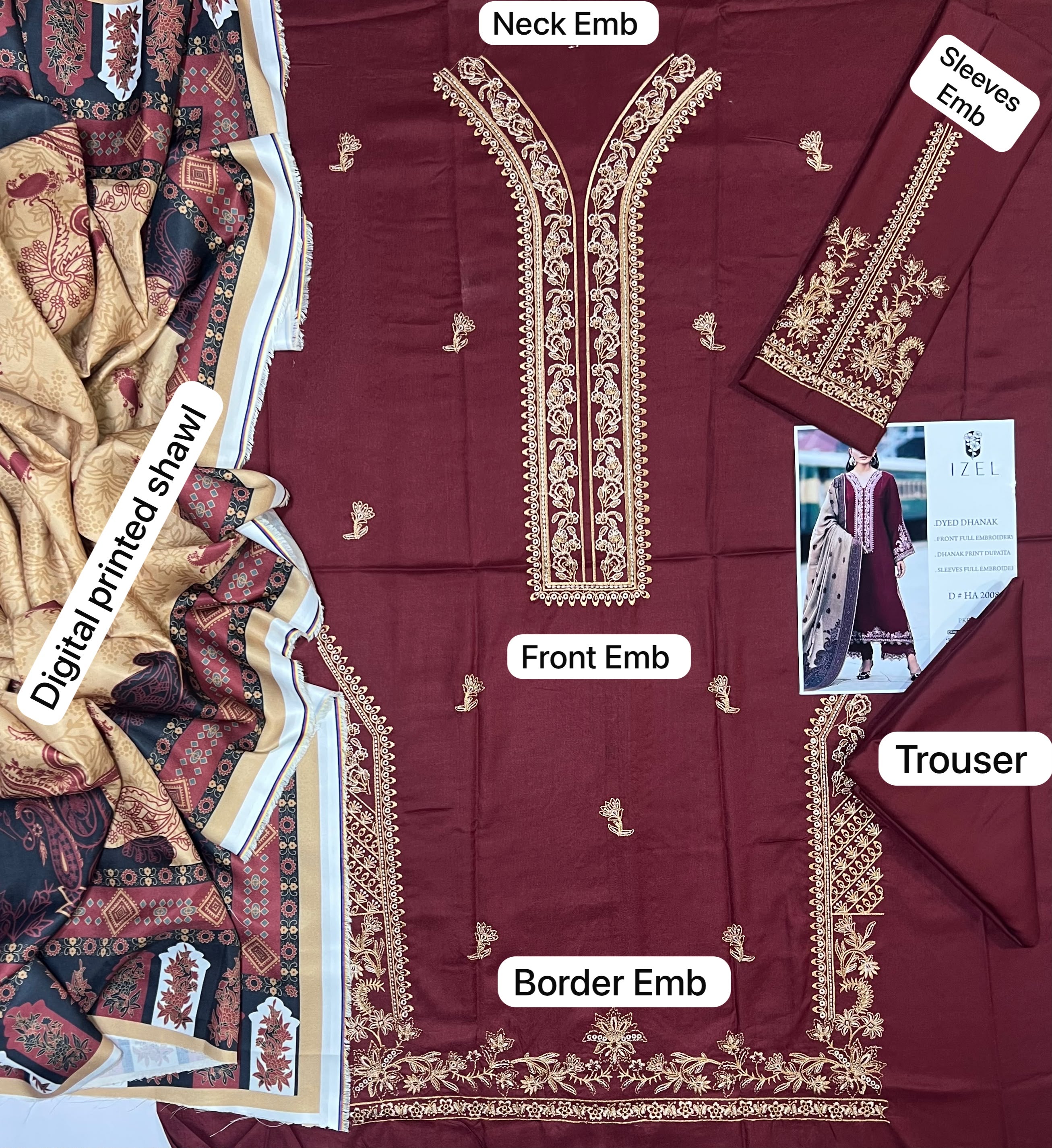 Izel Dhanak Embroidered 3 Piece | ZL102