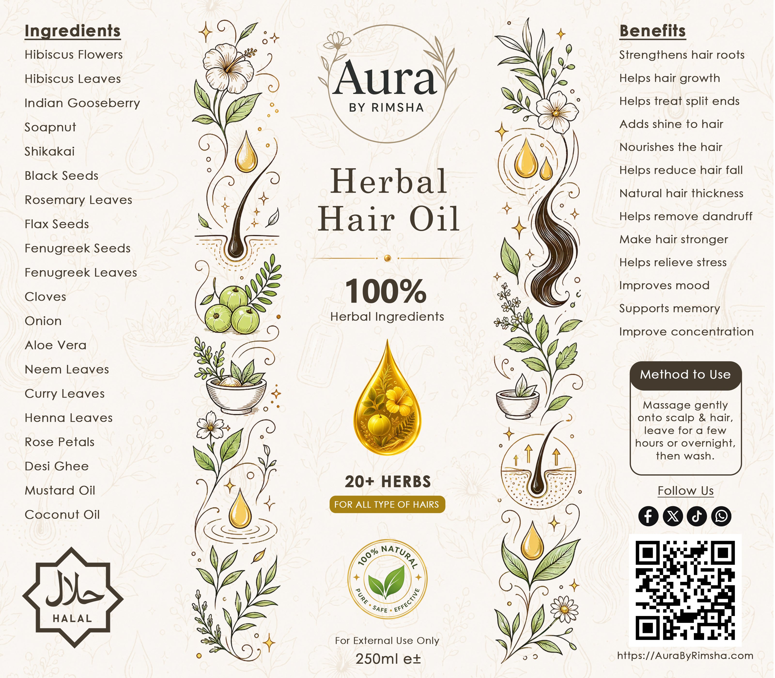 Herbal Hair Oil - 20+ Herbs for Hair Fall, Growth & Shine